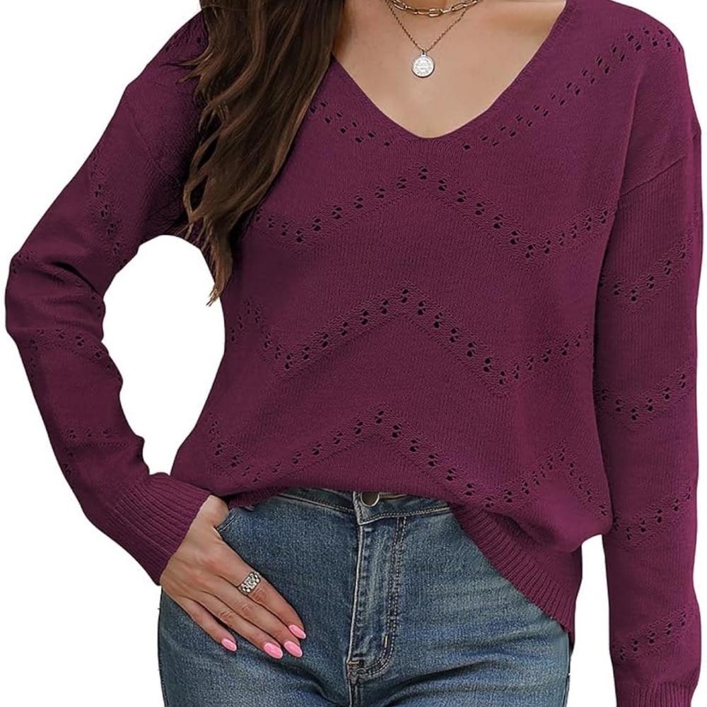 V-Neck Pointelle Knit Sweater - Plum